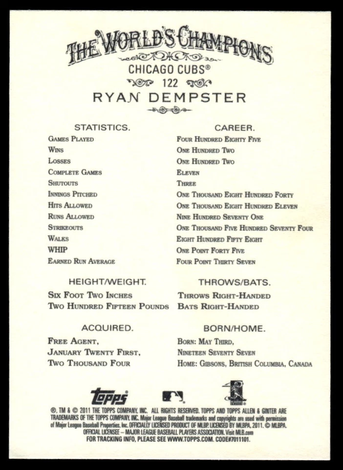 2011 Topps Allen & Ginter Ryan Dempster #122 Chicago Cubs - Image 2 of 2