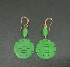 Natural Green Jade Double Happiness Earrings Dangle Drop Gold Plated New