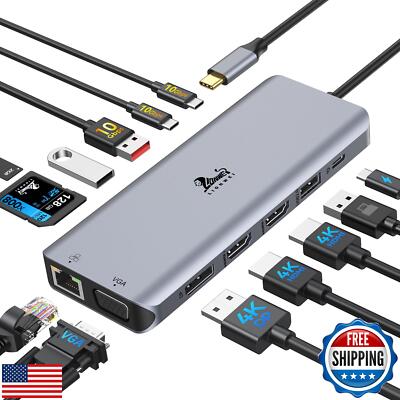 4 Monitor Laptop Docking Station 13 in 1 - Dual HDMI+DisplayPort+VGA, 10Gbps,