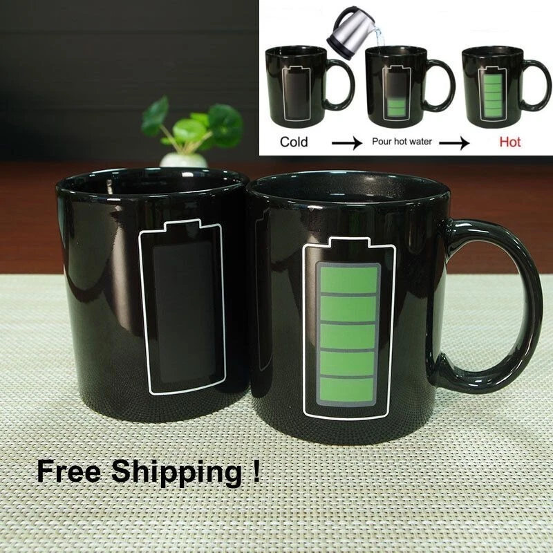 Magic Coffee Tea Mug Green Battery Color Heat Indicator Fun Novelty Gift Cup  New