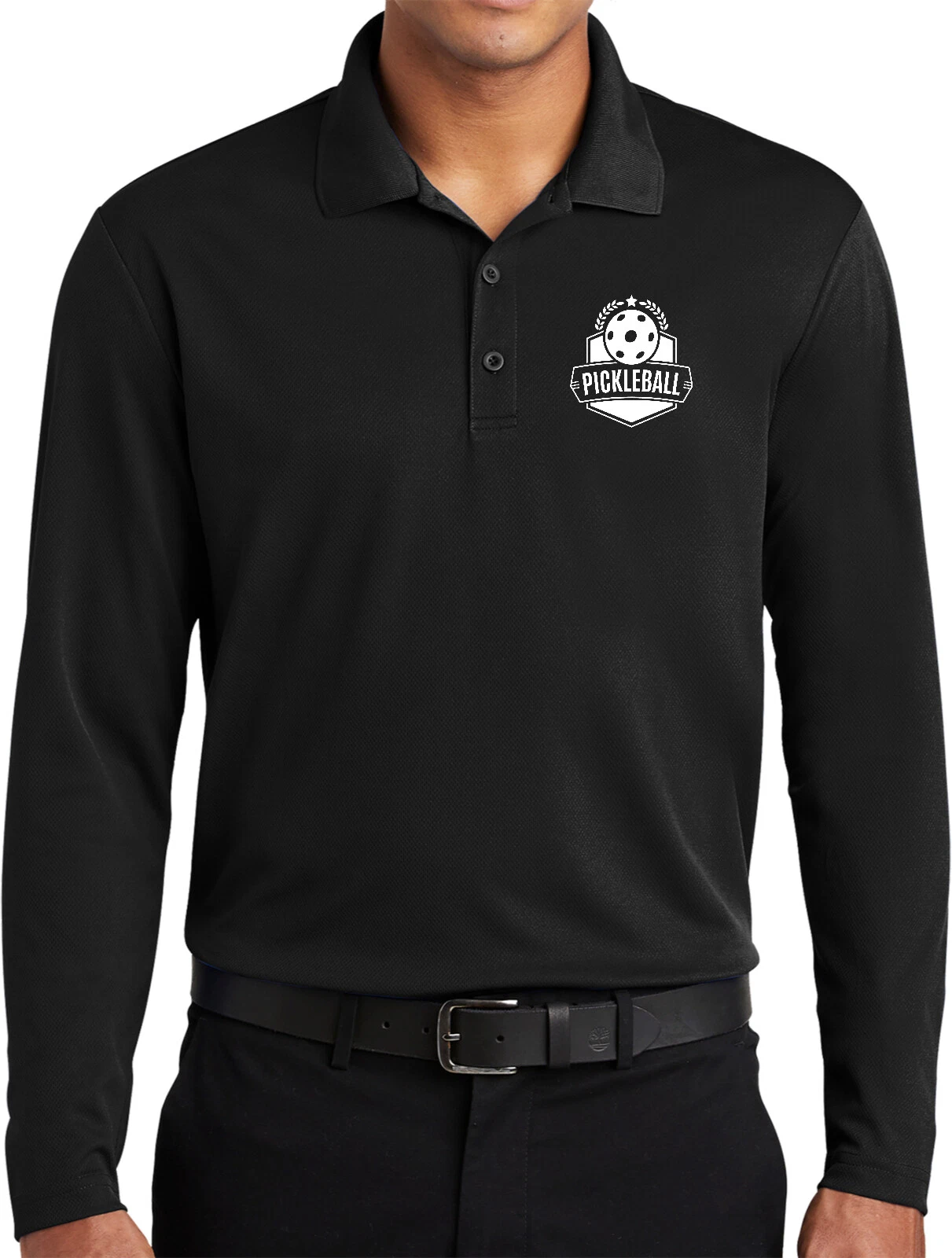 Pickleball Badge Chest Print Long Sleeve Moisture Wicking Polo Shirt