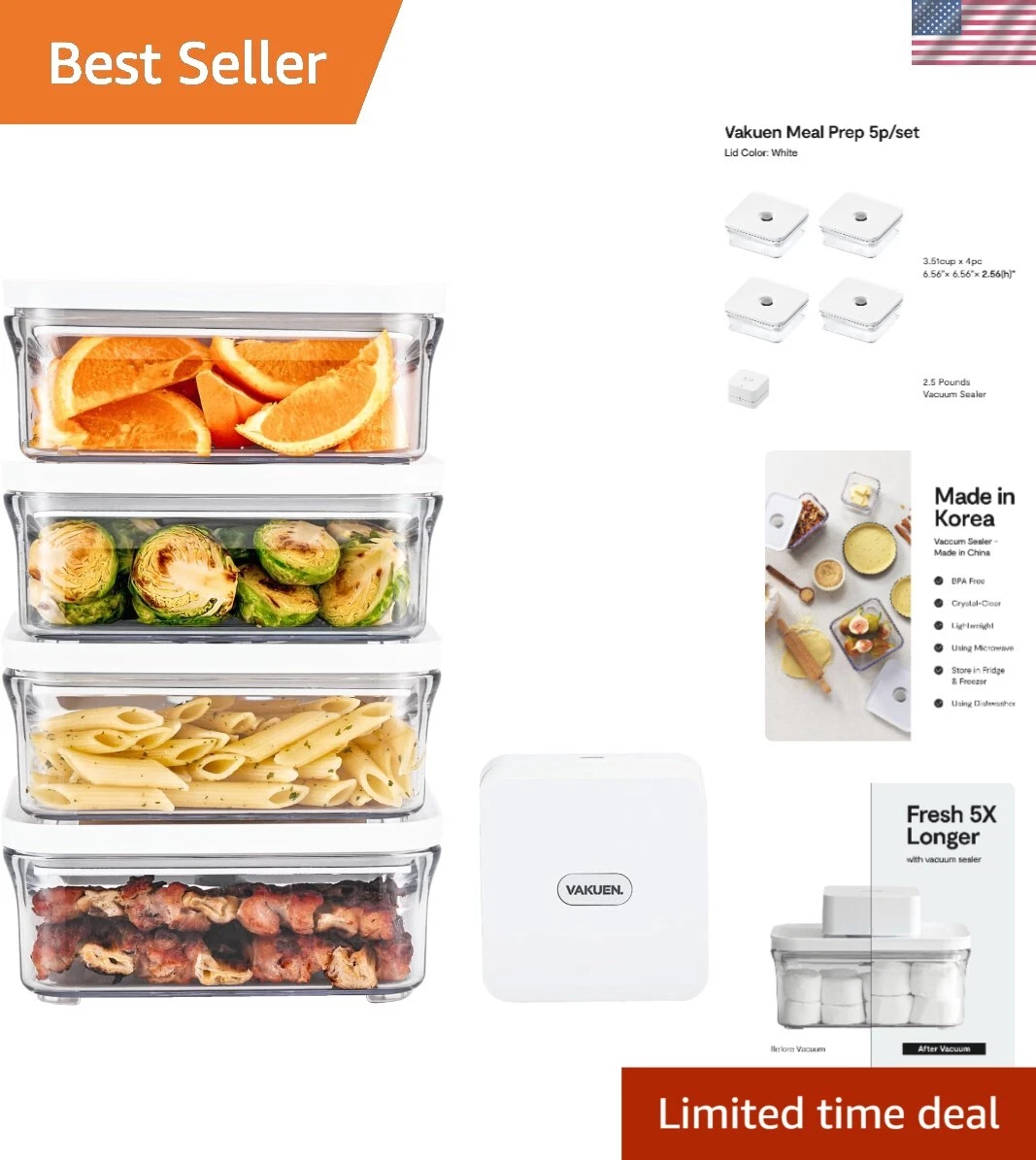 5pc Square Food Storage Container Set - Patented Airtight Seal Included
Opens in a new window or tab