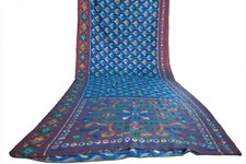 FNC Vintage Saree Indian Blue Woven Ikat Blend Silk Sari Craft Fabric 5YD