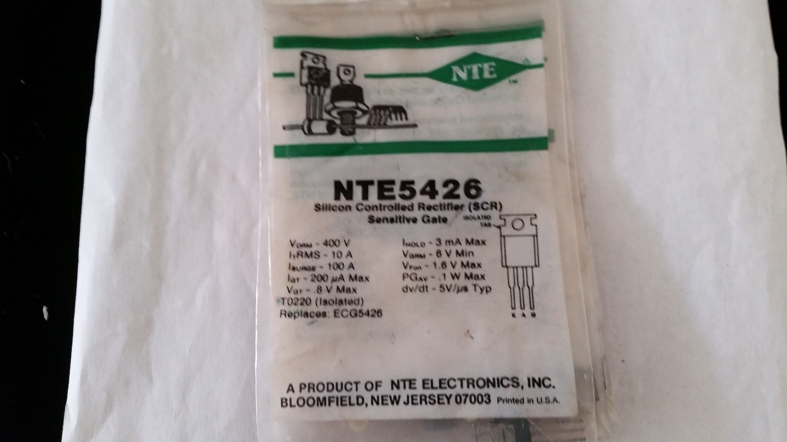 NTE NTE5426 SILICON CONTROLLED RECTIFIER SENSITIIVE GATE ISOLATED ...