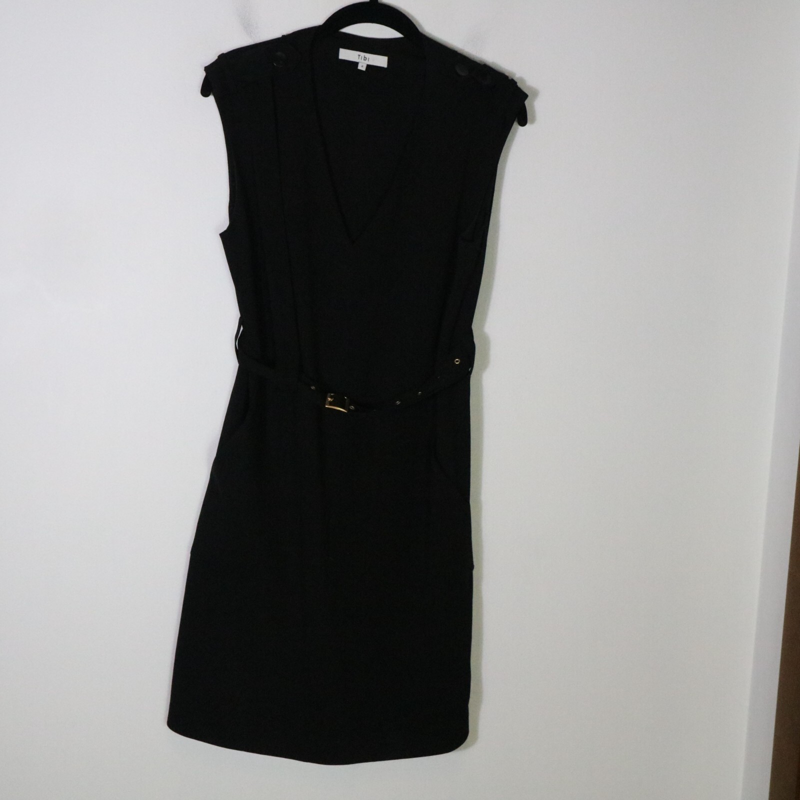 Tibi Black Gold Grommet V-Neck Mini Dress Womens Size 4 Dark Grunge Neutral Belted