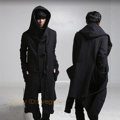 Men's Gothic Punk Black Hip-hop Mid Length Hooded Sweatshirt Coat Parka Retro
