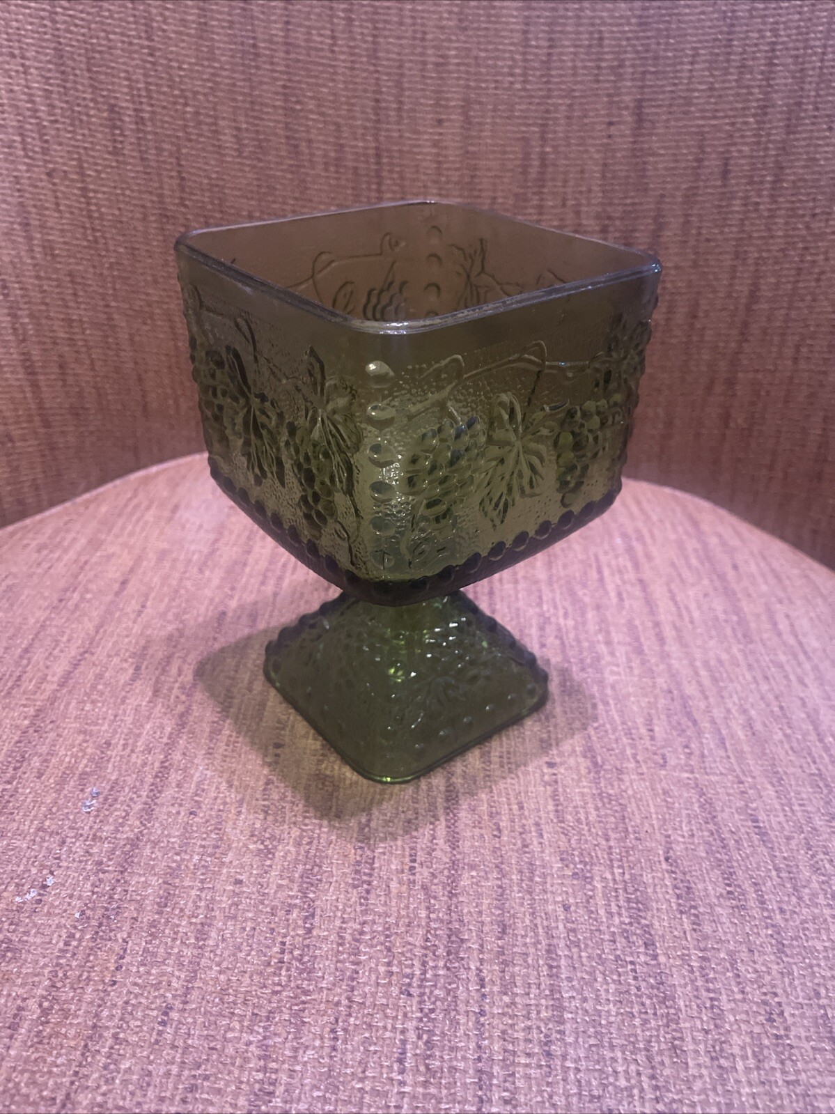 Vintage Indiana Green Glass Harvest Grape Footed Compote Candy Dish 5.5 Inch