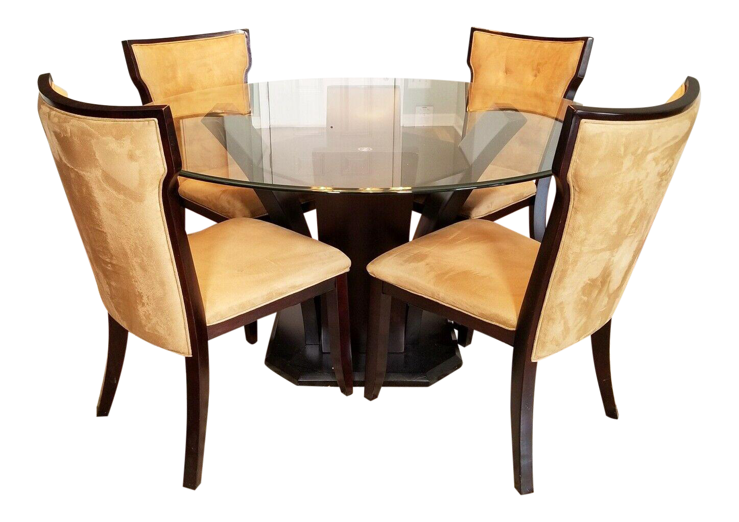 Contemporary Round GlassTop Dining Table With Four UltraSuede Chairs