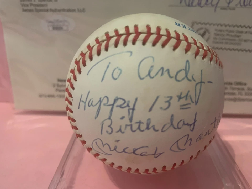 TO ANDY HAPPY 13TH BIRTHDAY - Mickey Mantle Autograph Baseball - JSA - NYYankees - Image 3 of 4