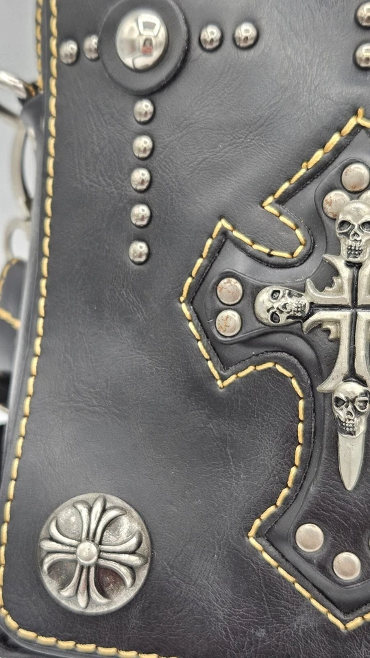Bolso de Hombro Cartera DE COLECCIÓN ALMA DE LA ROSA CUERO NEGRO HECHO A MANO CALAVERA CRUZ Foto 4 de 4