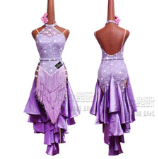 New Latin Dance Dress Competition Skirt Dress Rhinestones Purple Tassel Skirt