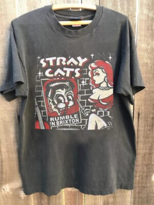 Stray Cats Band Retro Charcoal Short Sleeve Cotton Reprint Tshirt Unisex S-5XL