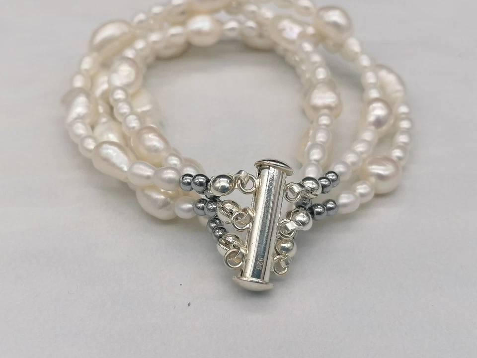 bracciale donna bianco vere perle naturali argento 925 modello a più fili - Immagine 4 di 4