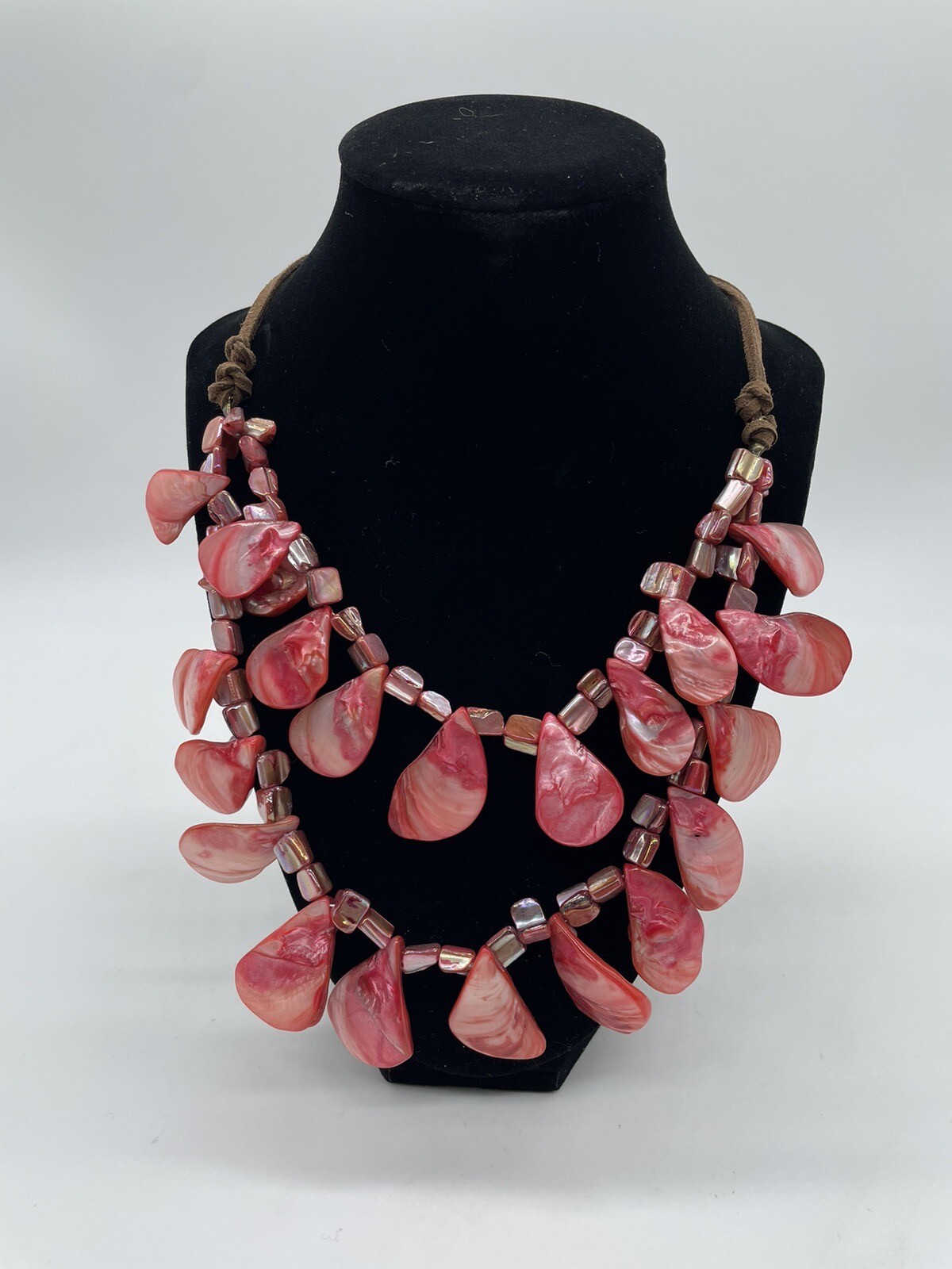 Red Pink Shell Necklace Double String Leather Cord - image 2