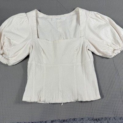 ASTR The Label Puff Sleeve Blouse Small White Square Neck Seersucker ACT16613