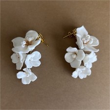 Handmade White Ceramic Flower Petal Statement Drop Earrings Bridal Wedding NWOT
