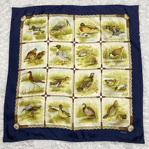 Echarpe GUCCI oiseau carré imbriqué bleu marine ivoire unisexe occasion sans étiquette