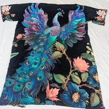 Peacock & Floral Short Sleeve Light Kimono Style Robe One Size 100% Viscose