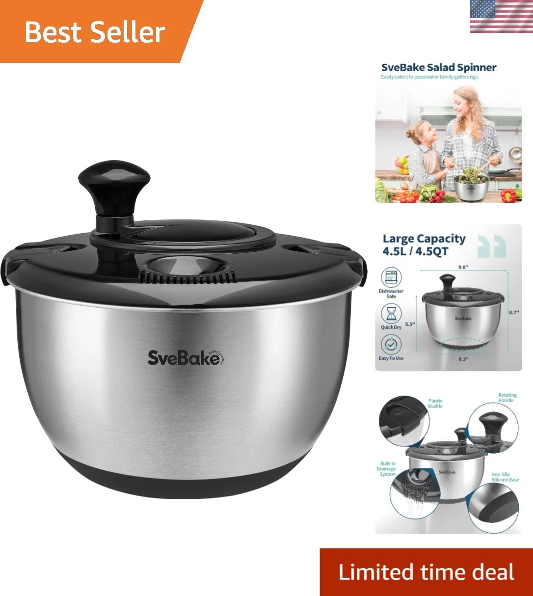 Precision Salad Dryer with Crank - 4.8 Qt BPA-Free Spinner with Non-Slip Support
Opens in a new wind