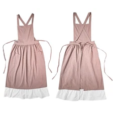 Vintage Cotton Linen Aprons Cross Back Pinafore Aprons with Pockets, Pink