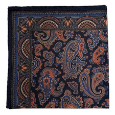 Navy Blue & Orange Paisley Ancient Madder Silk Pocket Square (Hand-Rolled)