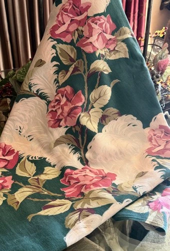 VTG 40s GUARANTEED VAT PRINT -BOTANICAL ROSE  FLORAL BARKCLOTH FABRIC  85" X 48"