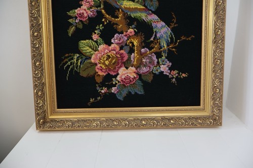 Arazzo vintage completo punto ago uccellino rose cornice ornata oro 30” x 25” - Foto 9 di 12