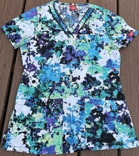 Womens Scrubs Dickies Scrub Top Blue Green Floral Small S Nurse Uniform Shirt
