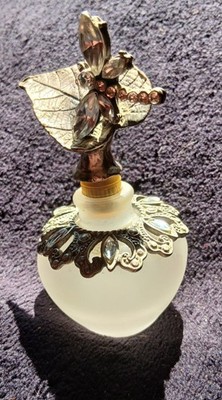 Milchglas Zinnblatt Libelle Diamanté Parfum Flakon mit Stopfen