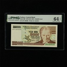 1970 Turkey Central Bank 100000 Lirasi Pick#206 PMG 64 EPQ Choice UNC