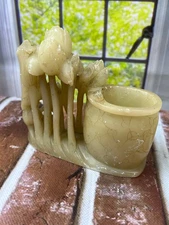 Vintage Carved Soapstone Inkwell Vase Brush Pot with flowers duck