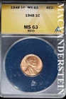 1948 Lincoln Wheat Cent- ANACS MS 63 Red- Lustrous- No Reserve #SLA1022