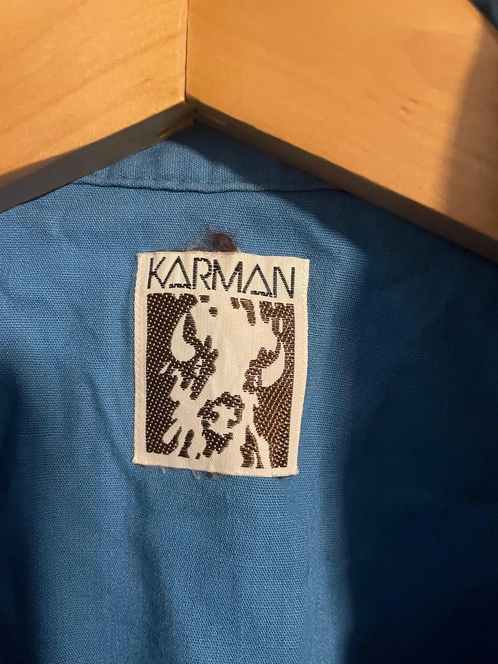 Vintage Karman Western Shirt Mens Medium Blue Pearl Snap Floral Yoke Piping 80s - Image 4 of 4