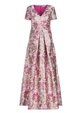 Kay Unger Rochelle V-Neck A-Line Jacquard Gown Sz 4 Pink Floral/Metalic Thread