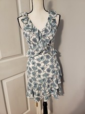 GB Blue Floral Ruffle V-Neck Sleeveless Sheer Lined Short NWT Dress Size XS