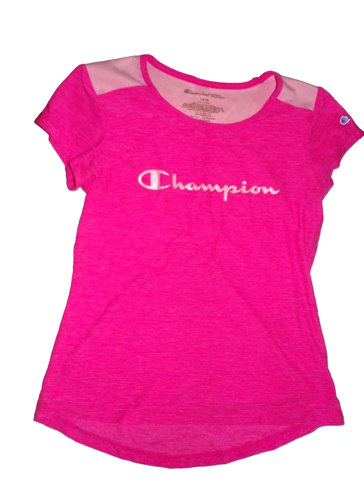 Champion metallic print athletics Girls Pink white fabric T-Shirt Size 14-16 R1 - Image 2 of 4