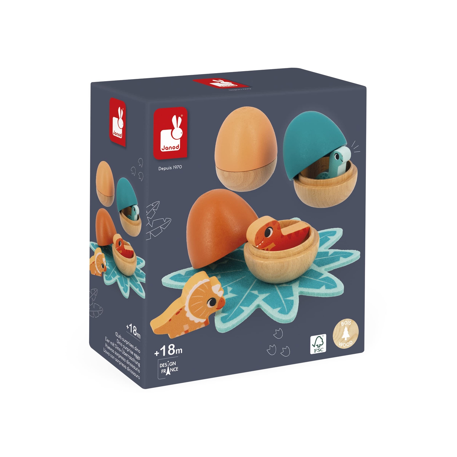 Janod Surprise 3 Baby Dinosaur-Hiding Eggs-Pull Open-FSC Wooden Toy-18 Months +,
