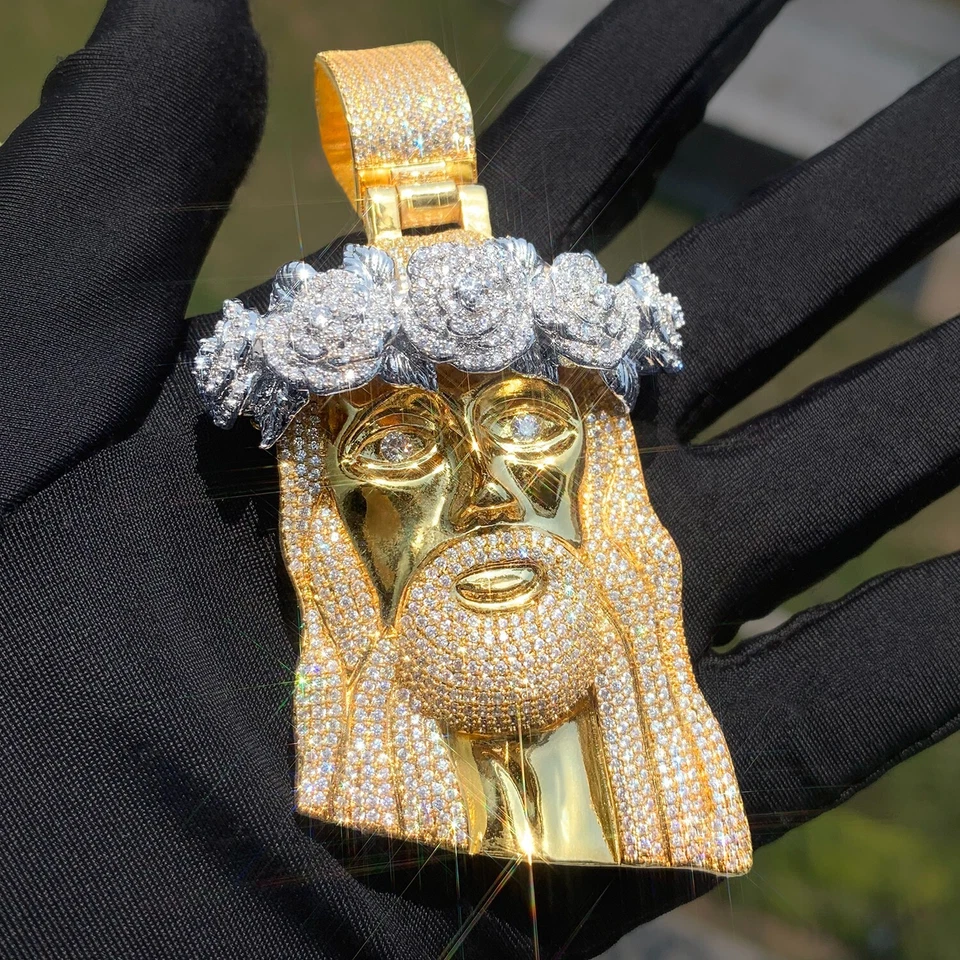 3AAA+ CZ Ice Out Hop Hip Rose Flower Jesus Pendant 24k Real Gold Plated 20In - Image 3 of 4