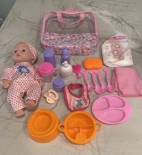 NEW Baby DOLL SET as shown Accessory bag Dishes bottles diaper bib cup pacifier