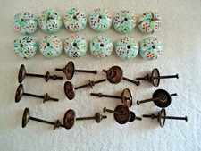 Vintage Set Of 12 Round Ceramic Floral Themed Drawer Pulls With Hardware