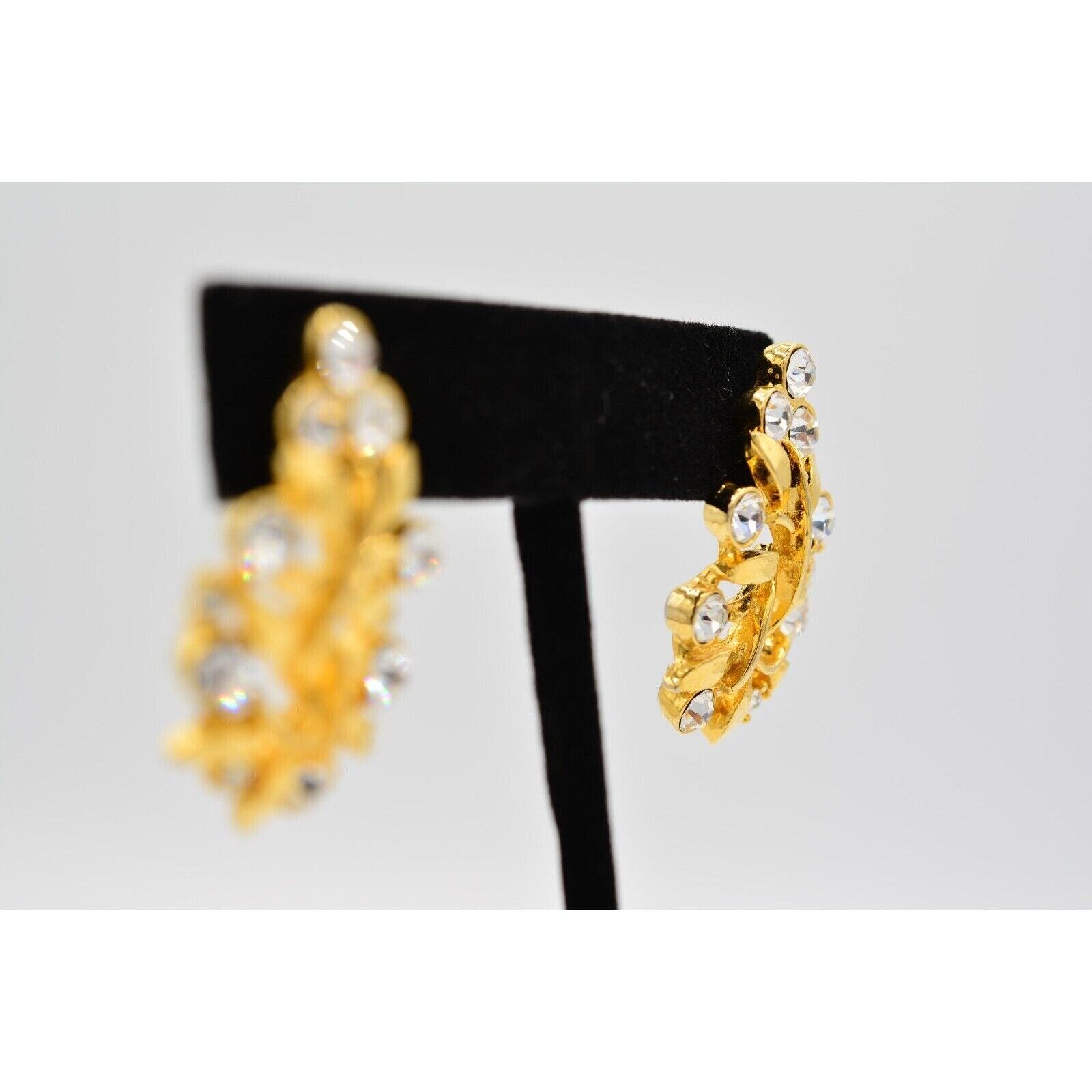 Vintage Crystal Leaf Earrings Dangle Rhinestone S… - image 5