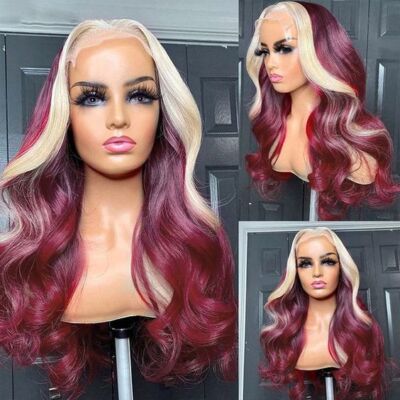 Burgundy Blonde Highlight Lace Front 100% Human Hair Wig Glueless Wig