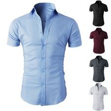 Herren Blau Kurzarm Hemden Freizeit Formell Business Works Slim Fit Hemd TShirt∅