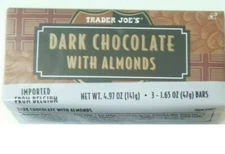 TRADER JOE'S Dark Chocolate WITH ALMONDS 3 - 1.65 oz BARS - KOSHER - 