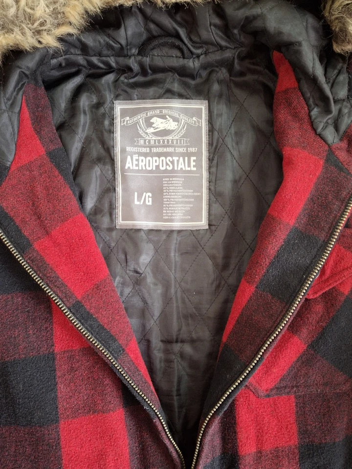 Aeropostale Wool/Poly Pea Coat Jacket Faux Fur Hood Red/Black Plaid Men L (XL) - Image 3 of 4