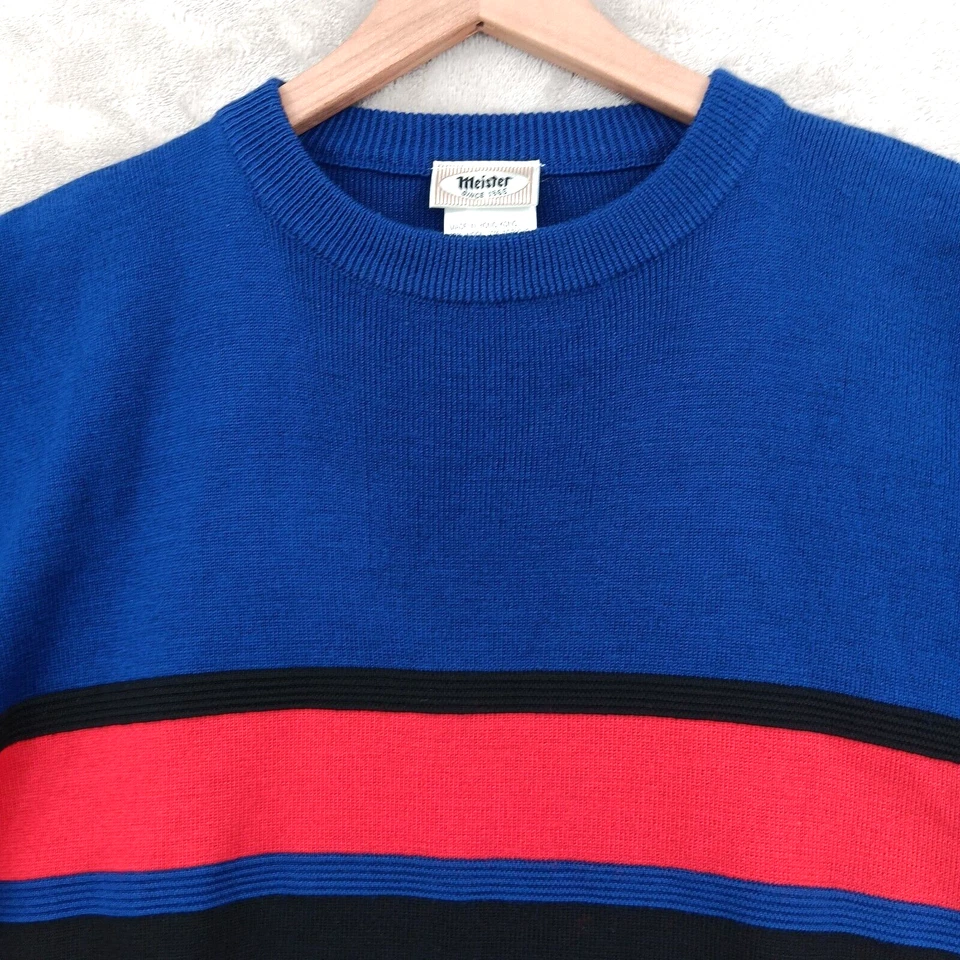 Suéter Meister Para Hombre Grande L Azul Rojo Rayas Lana Manga Larga Cuello Redondo De Colección Foto 4 de 4