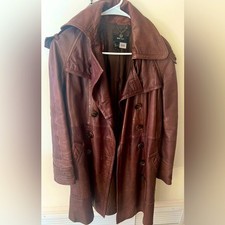 Mango Vintage Stunning Brown Inspired 70s Leather Long Trench Coat. Size S.