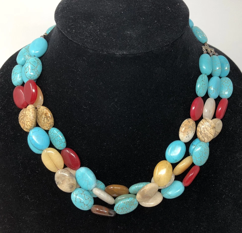 Gemstone Beaded Necklace Sterling Silver Multi Strand - 17 inch Length - Image 2 of 4