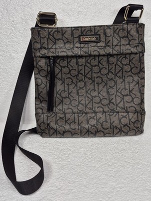 Calvin Klein Monogram Brown & Black Leather Crossbody Bag Purse Adjustable Strap