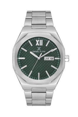 Mens 43mm Octogon Quartz Watch Steel Strap Silver / Green Dial Day-Date